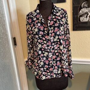 About A Girl  Floral Button-Up Blouse - Black with Pink & Cream Flowers